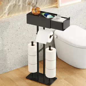 Free Standing Toilet Paper Holder with Shelf,Stand Mega Roll Toilet Paper Holder with Storage,Freestanding Tp Holder with Drawer for Wipes,No Drill,Matte Black,Bathroom