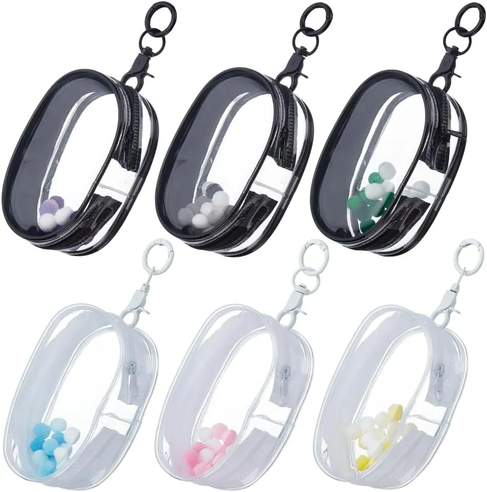 FREEBLOSS 6pcs Clear Figure Display Bag with Colorful Pompom Ball White and Black Clear Doll Display Bag Keychain Zippered Portable Mini Doll Pouch Figures Display Case for Collectibles