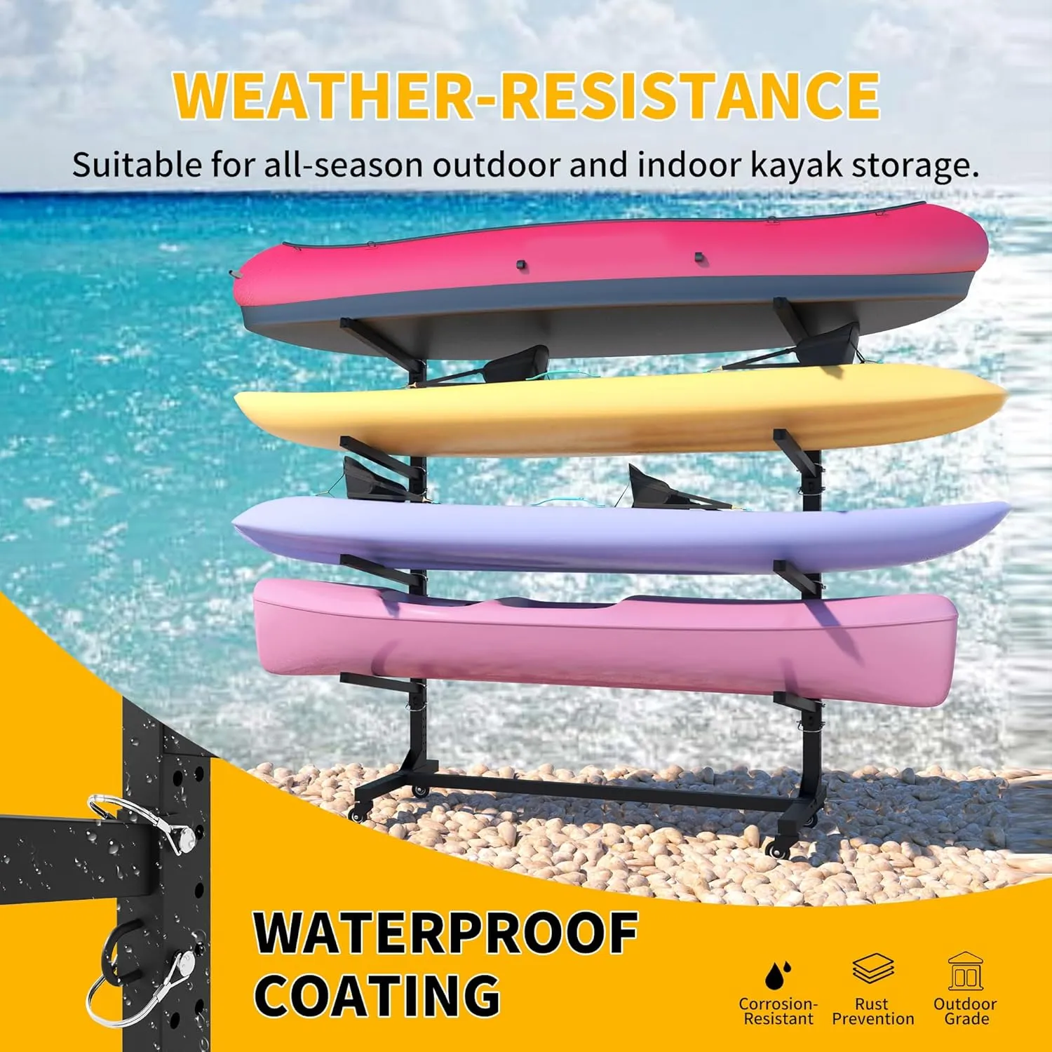 Freestanding Kayak Storage Rack, Heavy Duty Metal Kayak Stand with Lockable Wheels, Adjustable Kayak Holders for Canoes, SUP, Sled, Paddle Board & Surfboard, Garage, Indoor & Outdoor Use