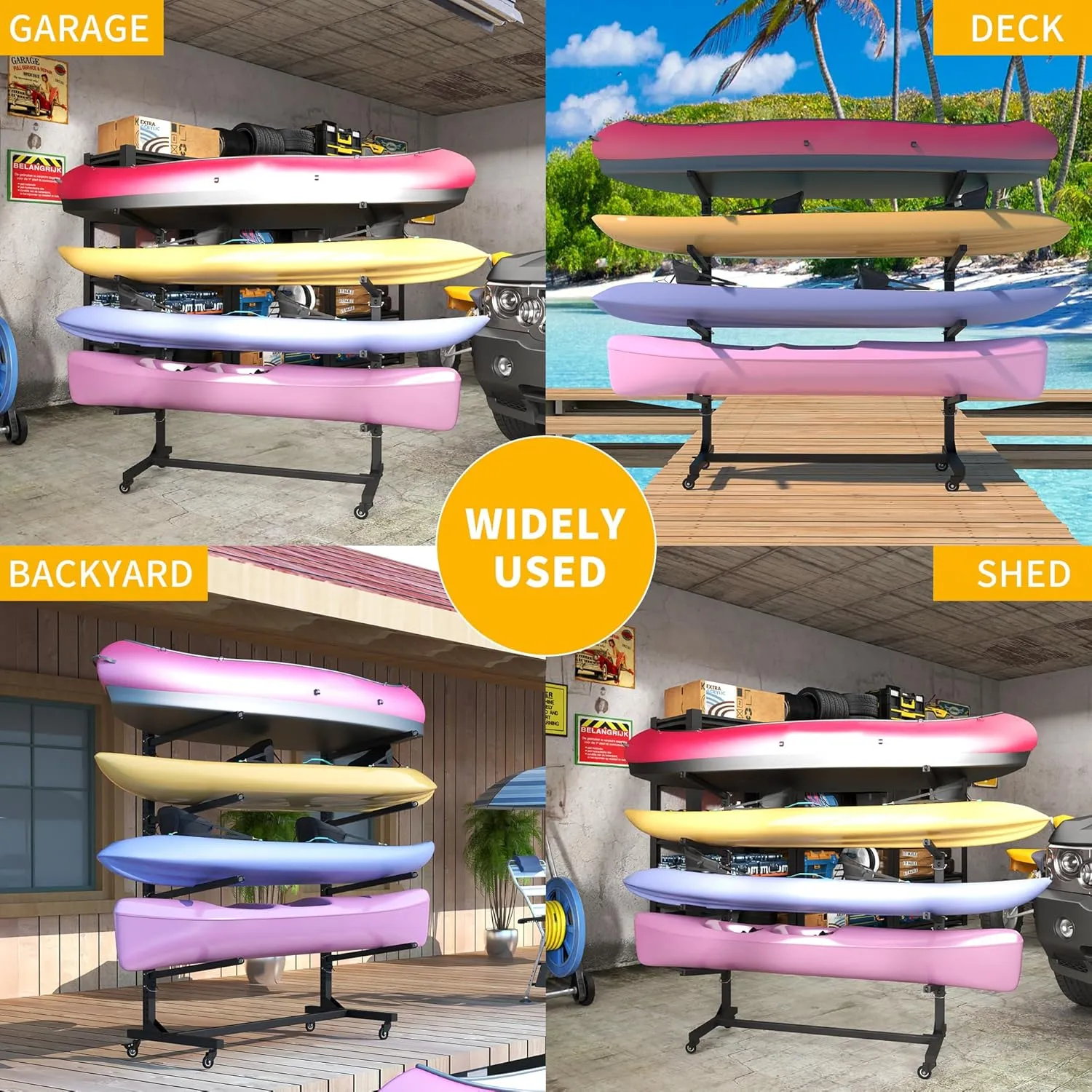 Freestanding Kayak Storage Rack, Heavy Duty Metal Kayak Stand with Lockable Wheels, Adjustable Kayak Holders for Canoes, SUP, Sled, Paddle Board & Surfboard, Garage, Indoor & Outdoor Use