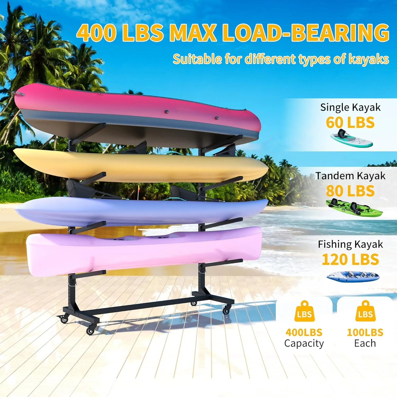 Freestanding Kayak Storage Rack, Heavy Duty Metal Kayak Stand with Lockable Wheels, Adjustable Kayak Holders for Canoes, SUP, Sled, Paddle Board & Surfboard, Garage, Indoor & Outdoor Use
