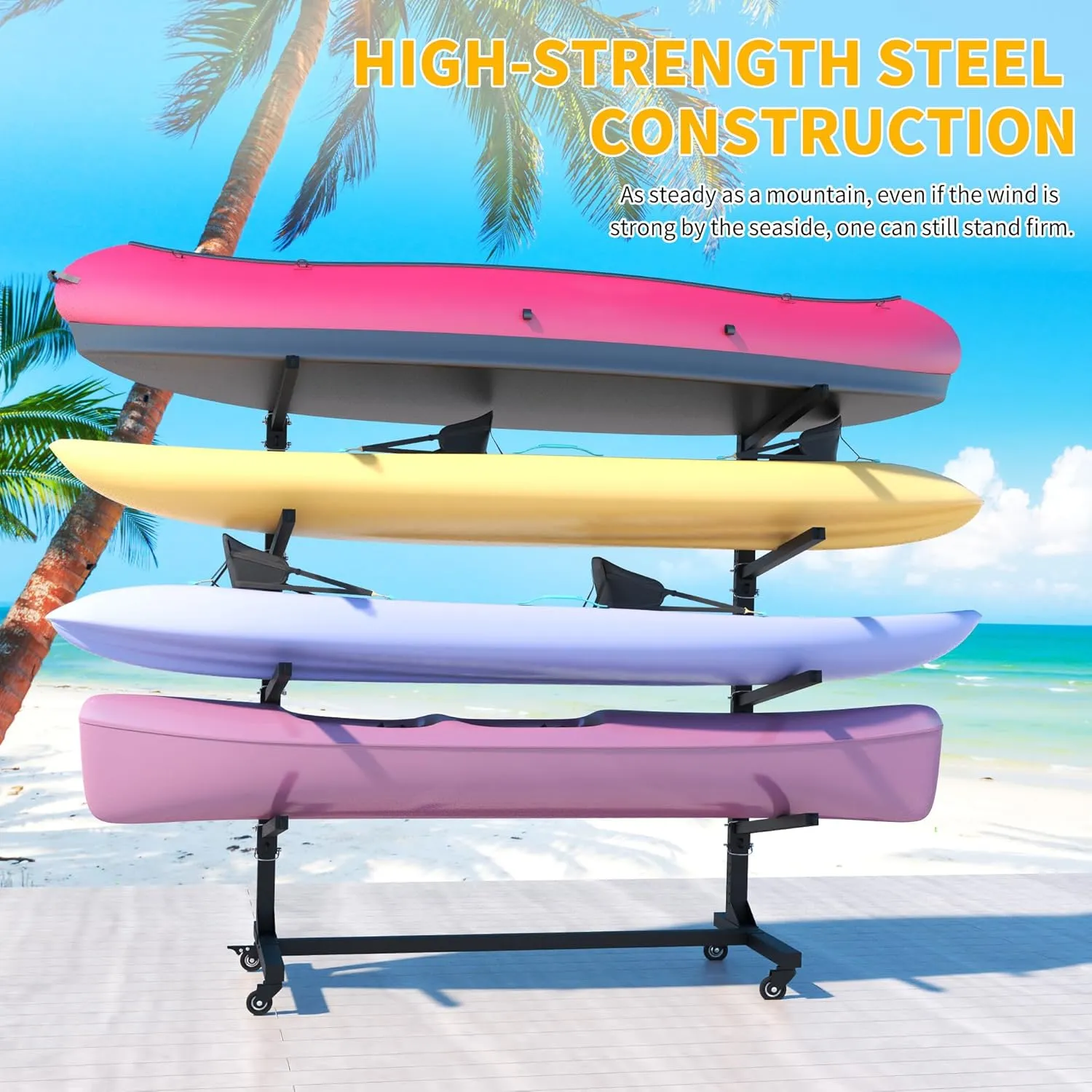 Freestanding Kayak Storage Rack, Heavy Duty Metal Kayak Stand with Lockable Wheels, Adjustable Kayak Holders for Canoes, SUP, Sled, Paddle Board & Surfboard, Garage, Indoor & Outdoor Use