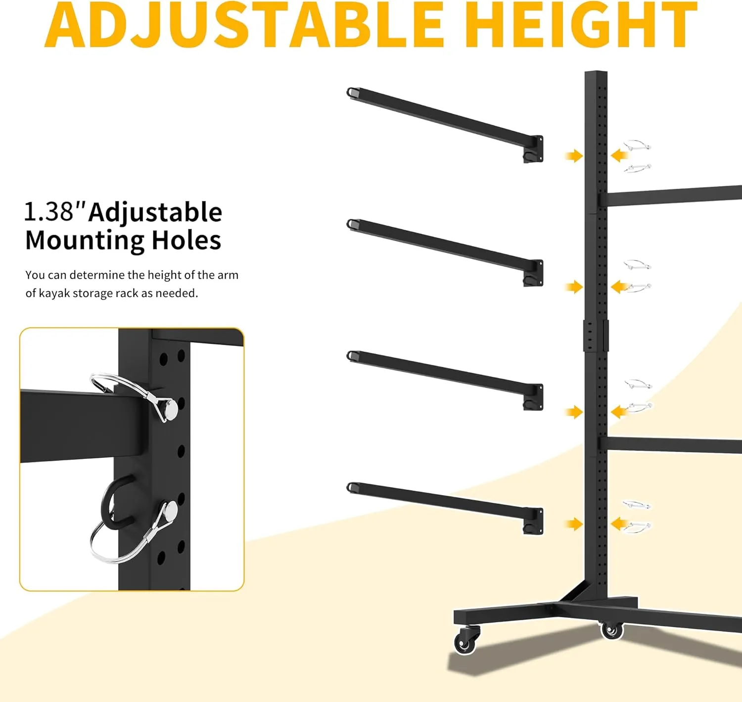 Freestanding Kayak Storage Rack, Heavy Duty Metal Kayak Stand with Lockable Wheels, Adjustable Kayak Holders for Canoes, SUP, Sled, Paddle Board & Surfboard, Garage, Indoor & Outdoor Use