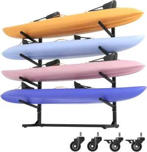 Freestanding Kayak Storage Rack, Heavy Duty Metal Kayak Stand with Lockable Wheels, Adjustable Kayak Holders for Canoes, SUP, Sled, Paddle Board & Surfboard, Garage, Indoor & Outdoor Use