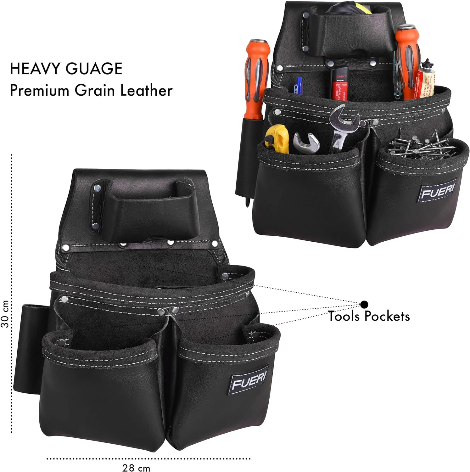 FUERI Leather Tool Belt Heavy Duty Bags Pouches Dual Hammer Holsters for Men Construction Carpenter Electrician Framer Women