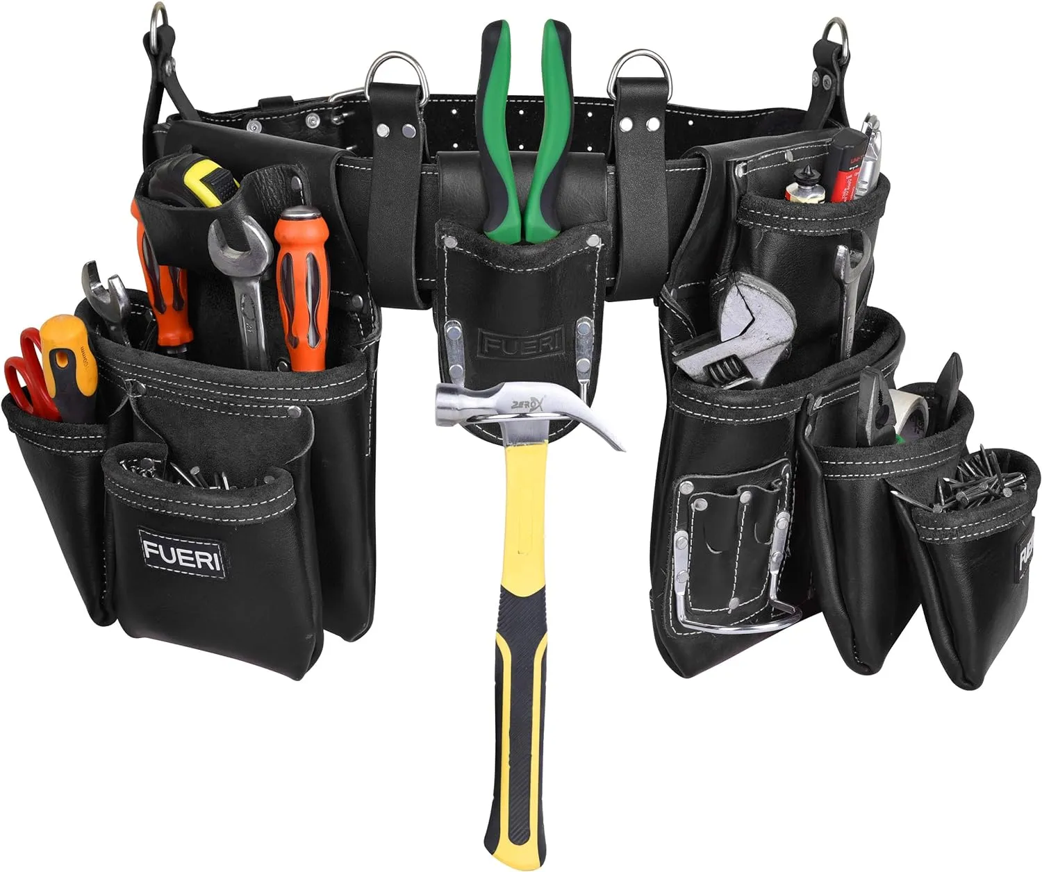 FUERI Leather Tool Belt Heavy Duty Bags Pouches Dual Hammer Holsters for Men Construction Carpenter Electrician Framer Women