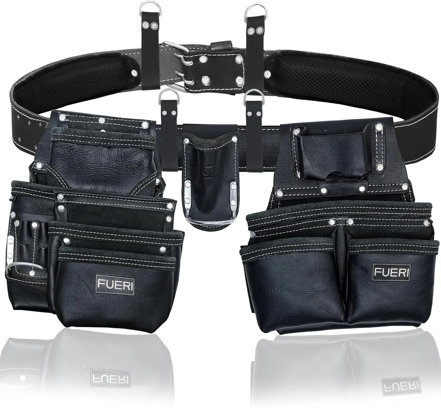 FUERI Leather Tool Belt Heavy Duty Bags Pouches Dual Hammer Holsters for Men Construction Carpenter Electrician Framer Women