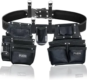 FUERI Leather Tool Belt Heavy Duty Bags Pouches Dual Hammer Holsters for Men Construction Carpenter Electrician Framer Women