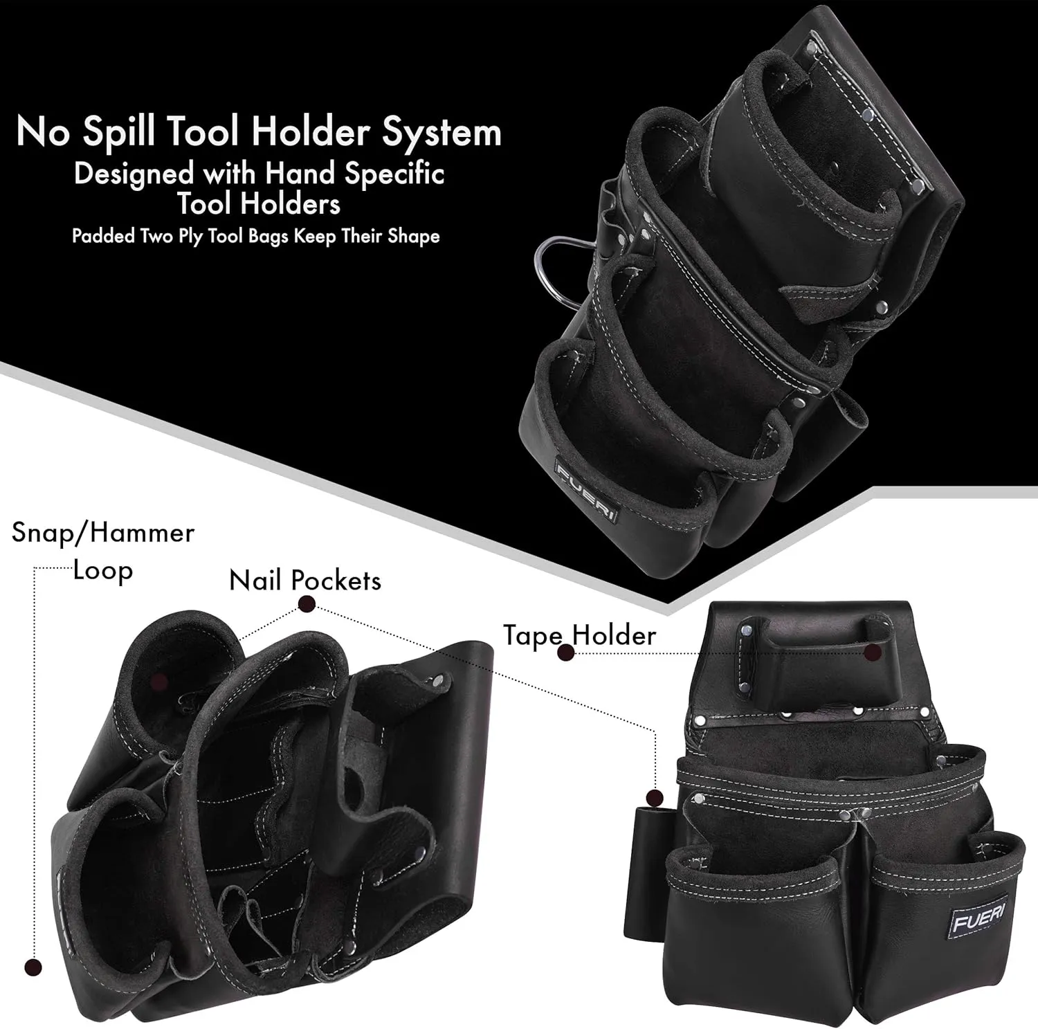 FUERI Leather Tool Belt Heavy Duty Bags Pouches Dual Hammer Holsters for Men Construction Carpenter Electrician Framer Women