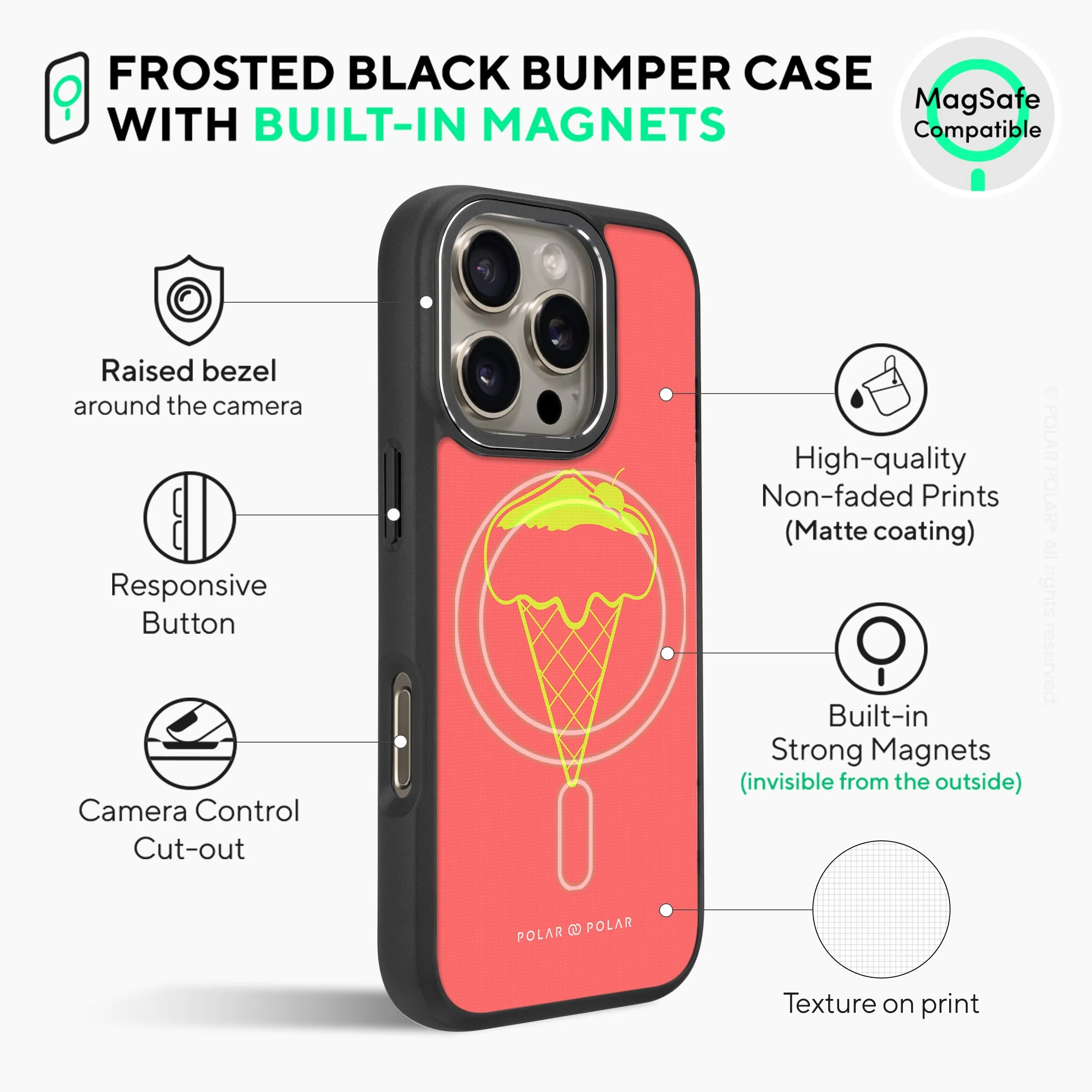 Fujisan Coral Ice Cream - iPhone 16 Pro Max Frosted Black Bumper MagSafe Case