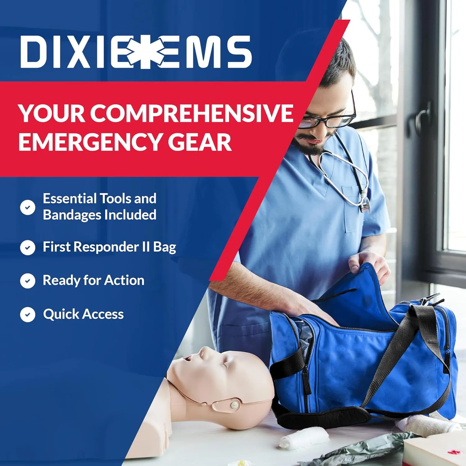 Fully Stocked Trauma First Aid Kit – First Responder II Bag with Tools, Gauze, Bandages, Scissors & Gloves – Compact & Portable – OSHA and ANSI Compliant – Blue - FSA/HSA Eligible