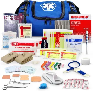 Fully Stocked Trauma First Aid Kit – First Responder II Bag with Tools, Gauze, Bandages, Scissors & Gloves – Compact & Portable – OSHA and ANSI Compliant – Blue - FSA/HSA Eligible