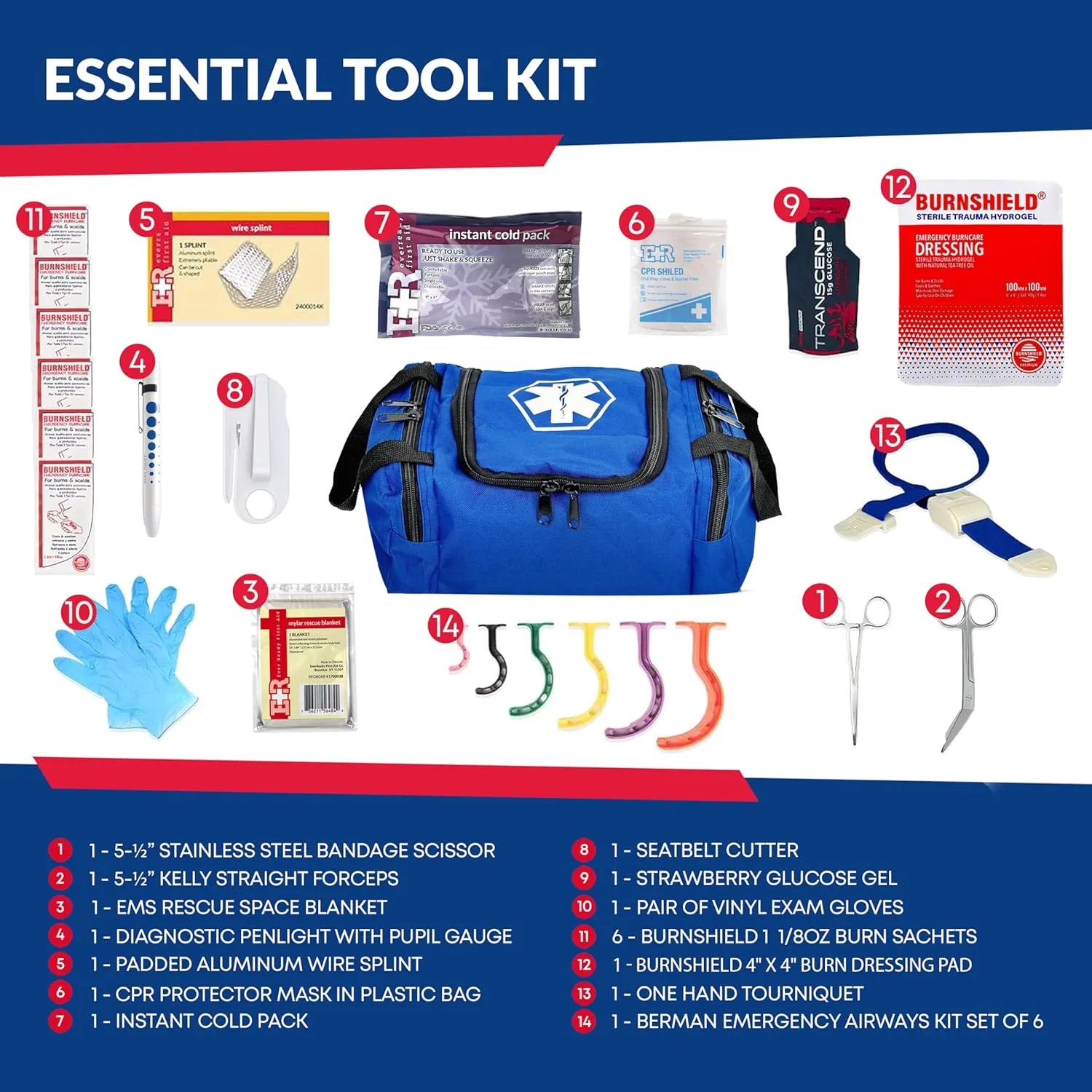 Fully Stocked Trauma First Aid Kit – First Responder II Bag with Tools, Gauze, Bandages, Scissors & Gloves – Compact & Portable – OSHA and ANSI Compliant – Blue - FSA/HSA Eligible