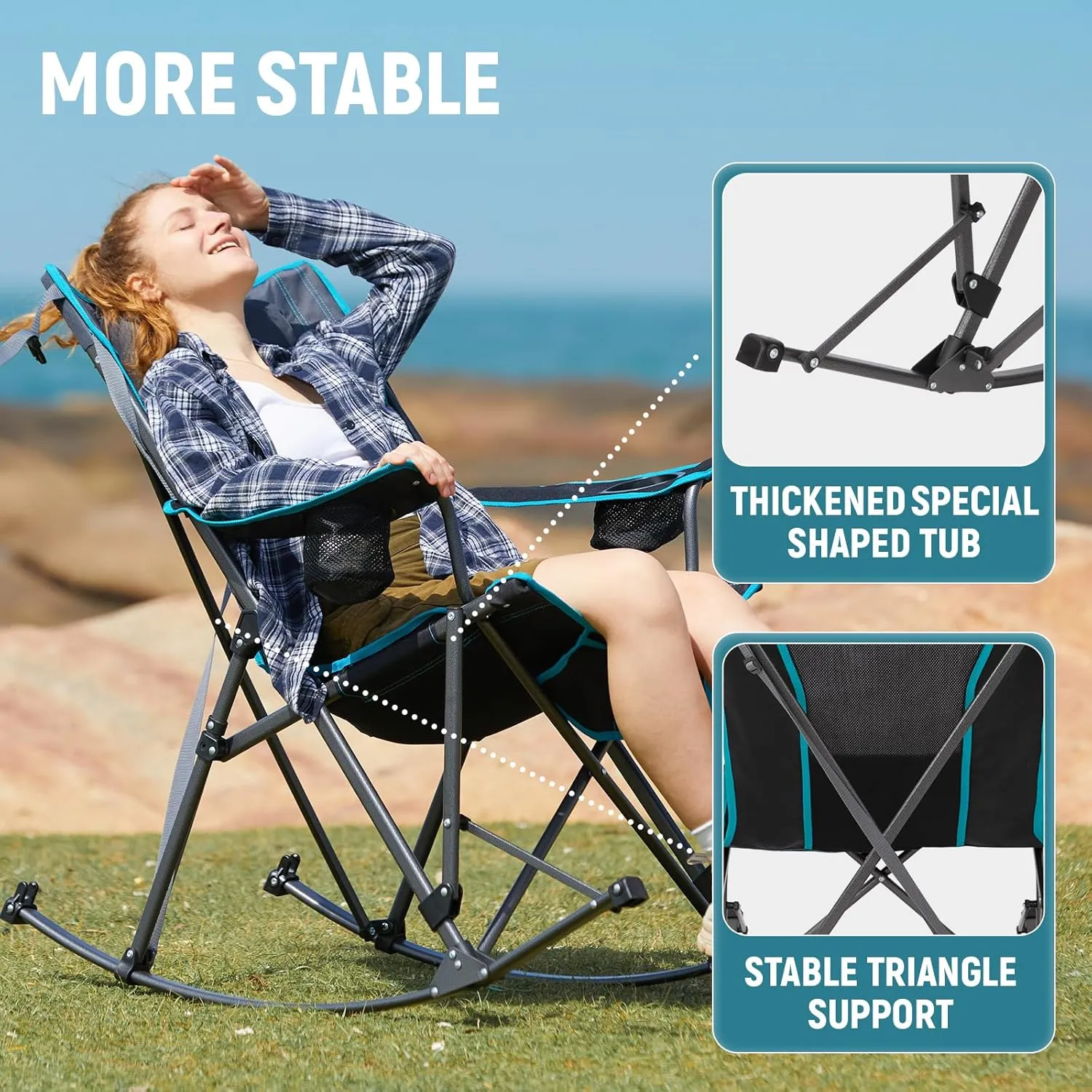 FUNDANGO Rocking Camping Chair, High Mesh Back Portable Folding Camp Chairs with Pillows, Cup Holder and Carry Bag for Lawn Patio Garden Outdoor Supports 300 Lbs (Black/Blue)