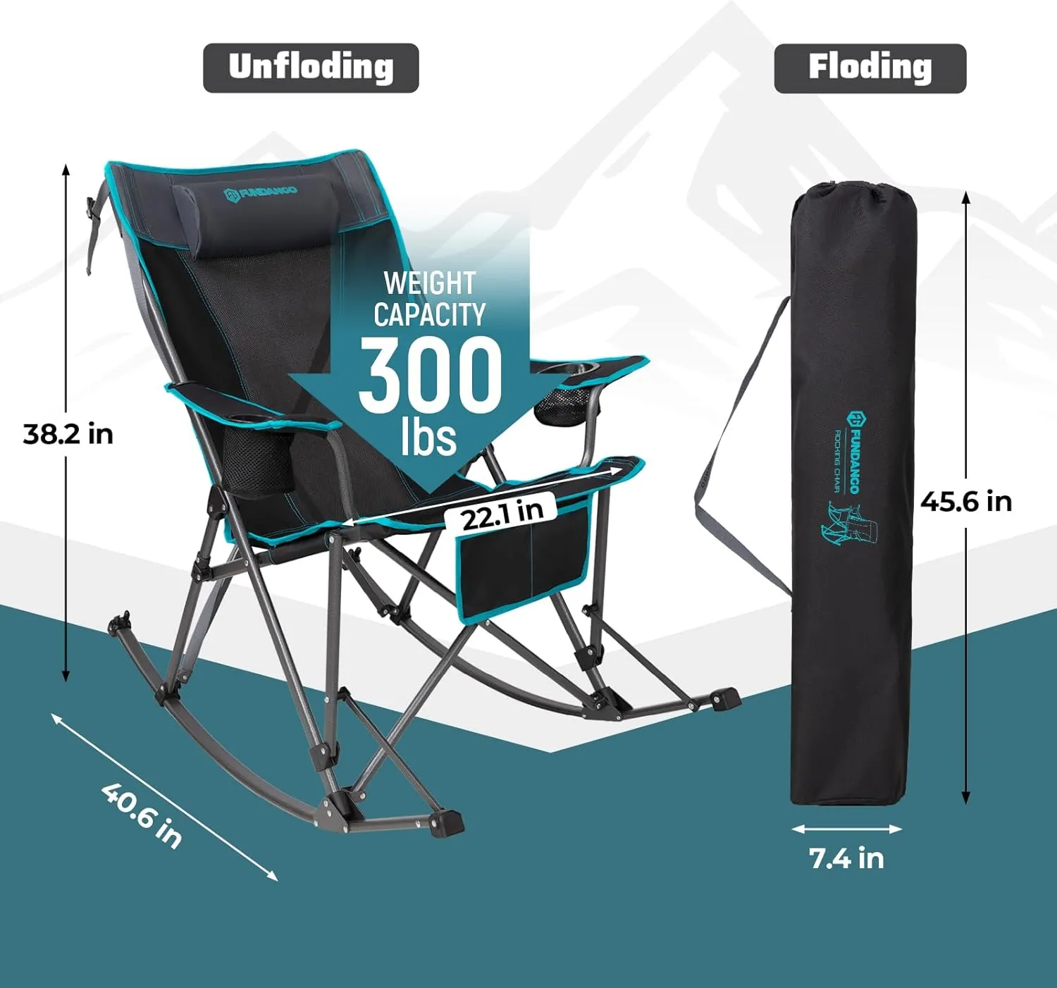 FUNDANGO Rocking Camping Chair, High Mesh Back Portable Folding Camp Chairs with Pillows, Cup Holder and Carry Bag for Lawn Patio Garden Outdoor Supports 300 Lbs (Black/Blue)