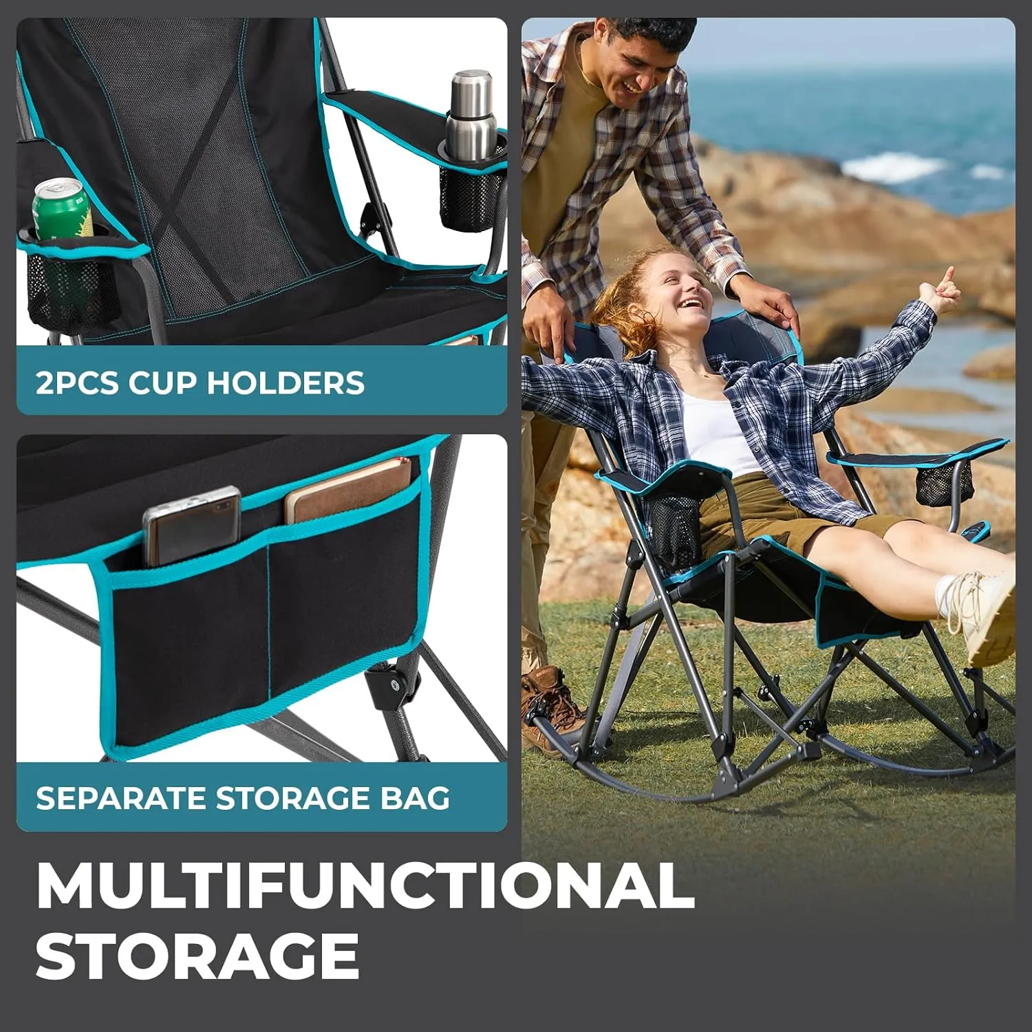 FUNDANGO Rocking Camping Chair, High Mesh Back Portable Folding Camp Chairs with Pillows, Cup Holder and Carry Bag for Lawn Patio Garden Outdoor Supports 300 Lbs (Black/Blue)
