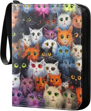 Funny Colorful Cats Card Binder 4-Pocket Leather Cover 400 Pockets Card Album Holder Removable Display Storage for Trading Cards, Game Cards, Collectibles