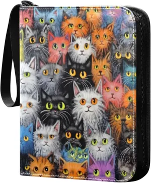 Funny Colorful Cats Card Binder 4-Pocket Leather Cover 400 Pockets Card Album Holder Removable Display Storage for Trading Cards, Game Cards, Collectibles