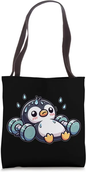 Funny Penguin Dumbbell Workout Tired Exhausted Tote Bag