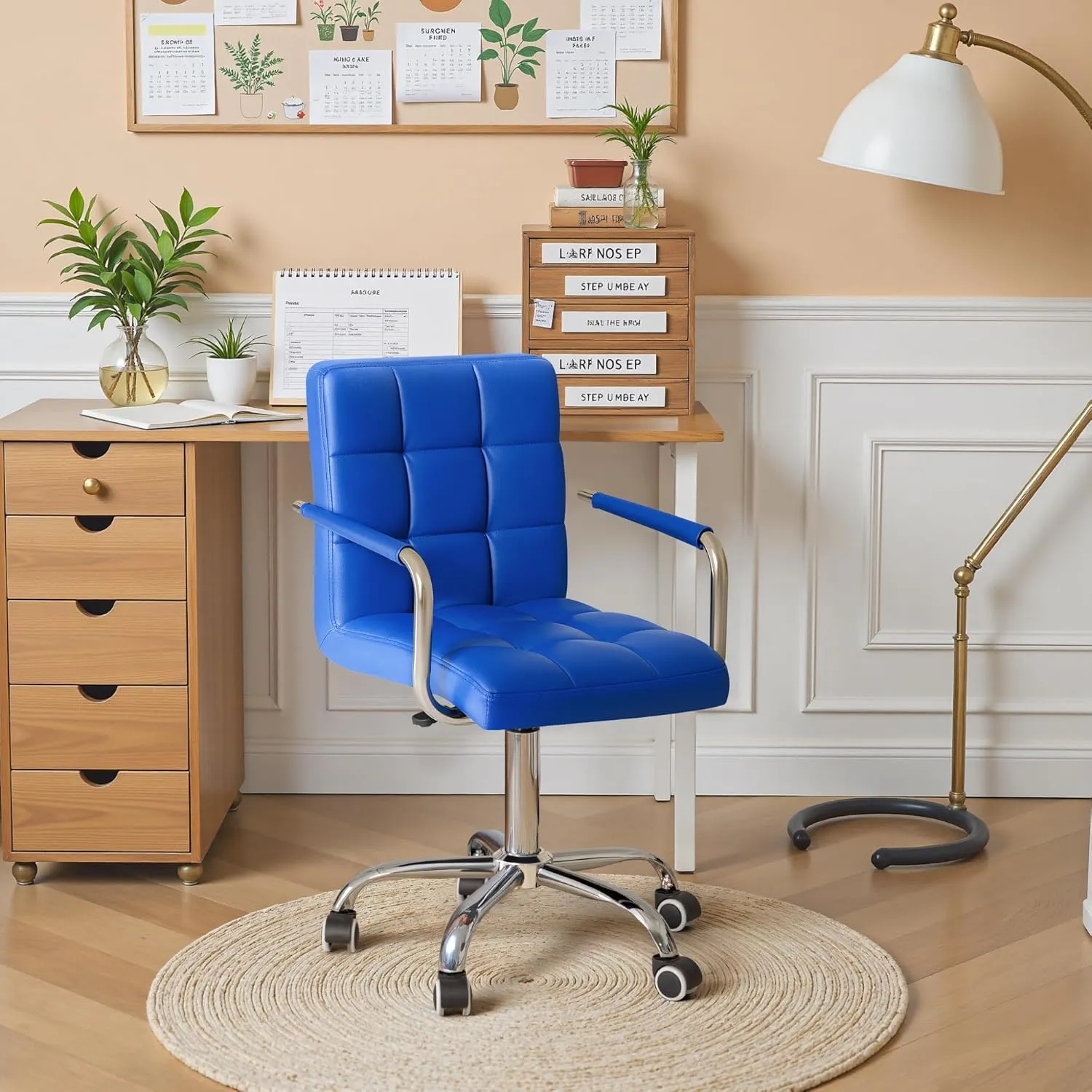 Furmax Mid-Back Office Task Chair Ribbed PU Leather Executive Chair Modern Adjustable Home Desk Chair Retro Comfortable Work Chair 360 Degree Swivel with Arms (Blue)