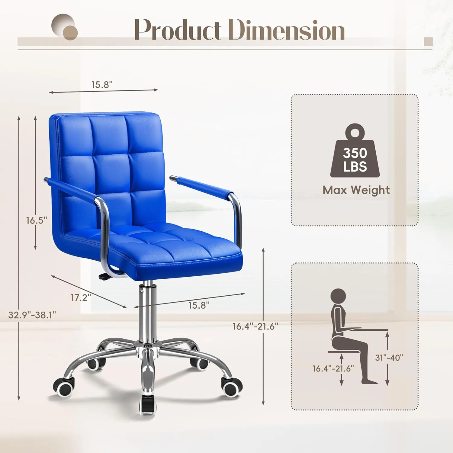 Furmax Mid-Back Office Task Chair Ribbed PU Leather Executive Chair Modern Adjustable Home Desk Chair Retro Comfortable Work Chair 360 Degree Swivel with Arms (Blue)