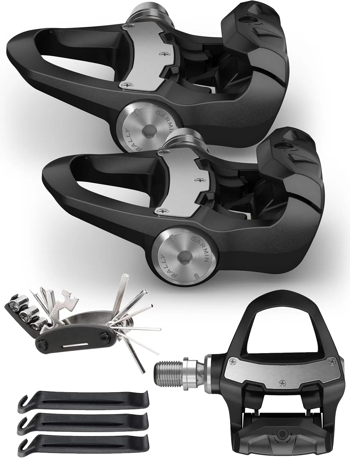 Garmin Rally RS200 Dual-Sensing Power Meter Bike Pedals Bundle with Compact Bike Tool for Repair - Shimano SPD-SL Cleats - Power, Cadence, Left/Right - 010-02388-02