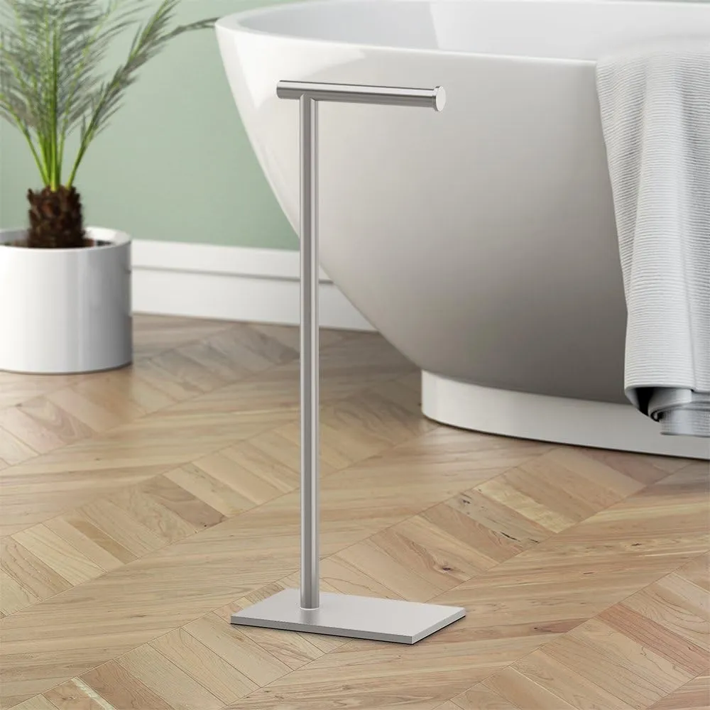 Gatco 1431SN, Modern Rectangle Base Freestanding Toilet Paper Holder, 22.25”, Satin Nickel/Free Standing Toilet Tissue Holder Stand with Weighted Base