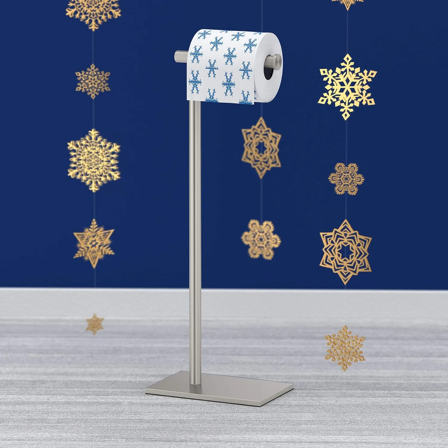 Gatco 1431SN, Modern Rectangle Base Freestanding Toilet Paper Holder, 22.25”, Satin Nickel/Free Standing Toilet Tissue Holder Stand with Weighted Base