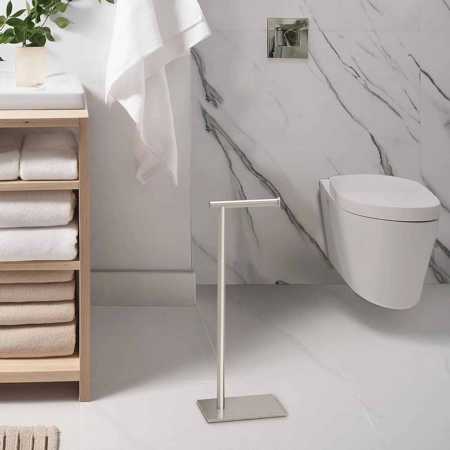 Gatco 1431SN, Modern Rectangle Base Freestanding Toilet Paper Holder, 22.25”, Satin Nickel/Free Standing Toilet Tissue Holder Stand with Weighted Base