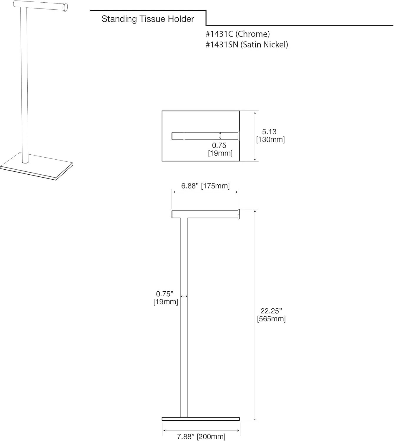 Gatco 1431SN, Modern Rectangle Base Freestanding Toilet Paper Holder, 22.25”, Satin Nickel/Free Standing Toilet Tissue Holder Stand with Weighted Base