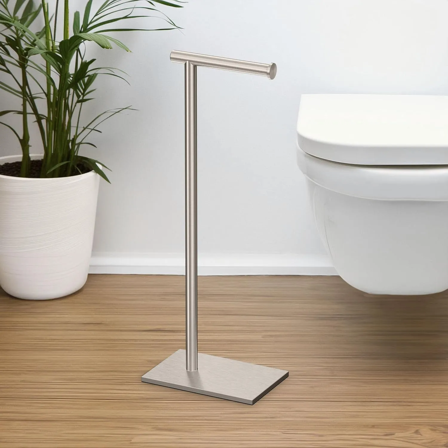 Gatco 1431SN, Modern Rectangle Base Freestanding Toilet Paper Holder, 22.25”, Satin Nickel/Free Standing Toilet Tissue Holder Stand with Weighted Base
