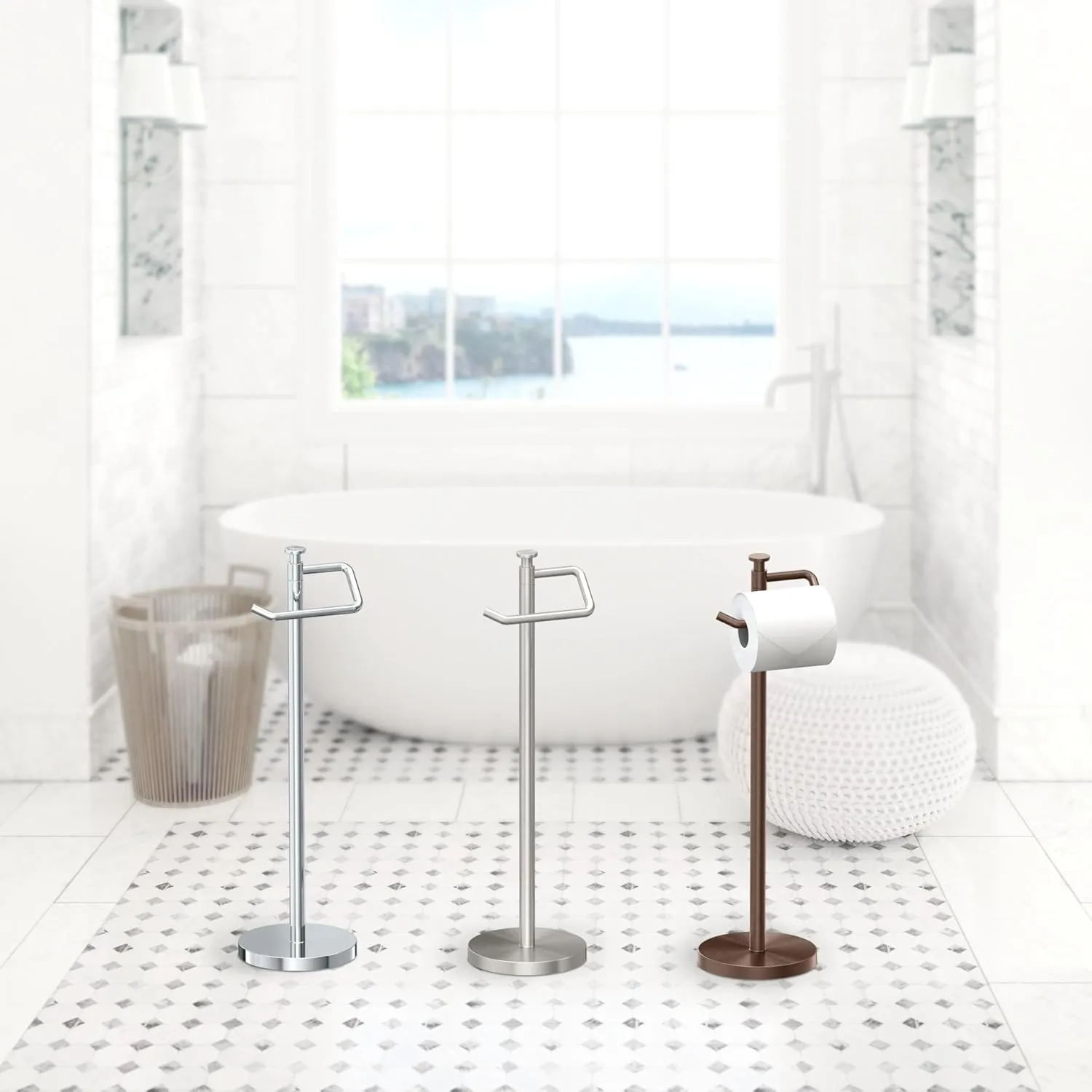 Gatco 1435BZ Standing Tissue Holder, 23.68", Bronze | Toilet Tissue Roll Holder Stand with Weighted and Padded Base for Bathroom