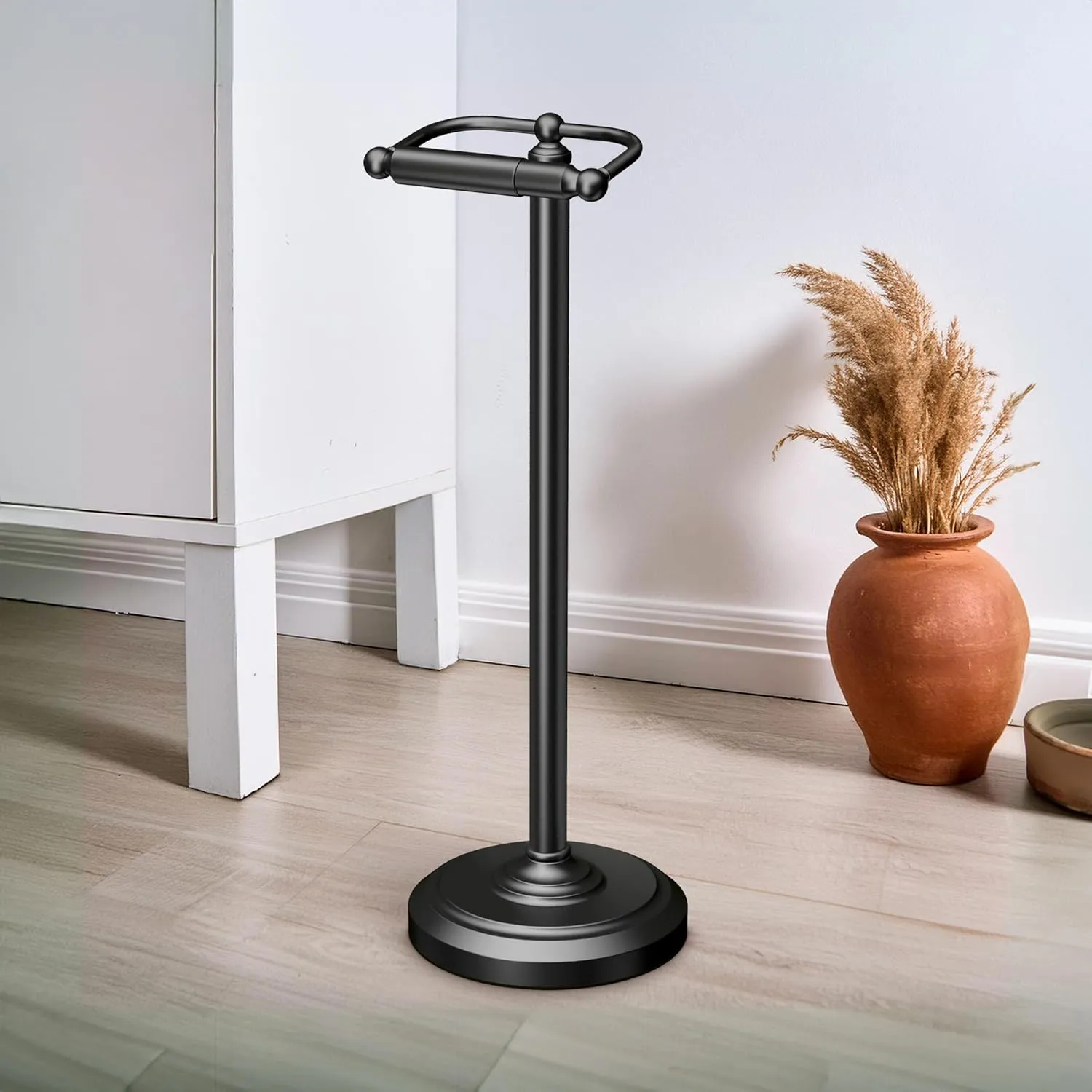 Gatco 1436MX, Freestanding Toilet Paper Holder, 22” H, Matte Black/Floor Standing Weighted Base Toilet Paper Holder Stand