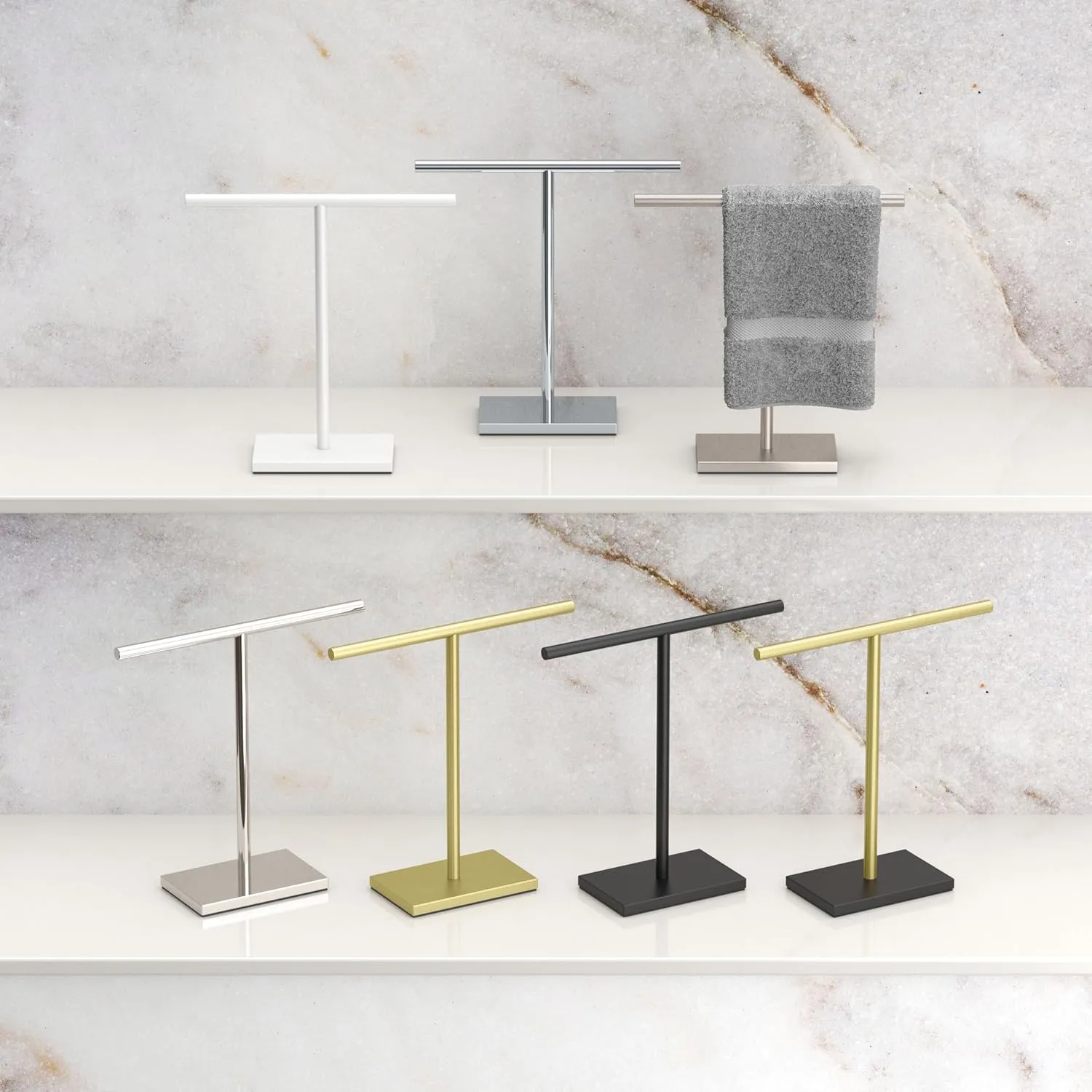 Gatco 1444W, Modern Rectangle Base Freestanding Countertop Towel Holder, Matte White / 10.50" W x 11.13" H T-Shape Style Countertop Hand Towel Holder for Bathroom, Kitchen/Fingertip Towel Rack