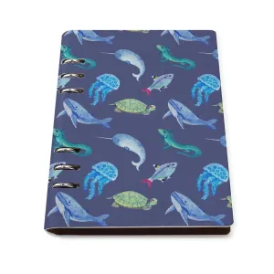 GemGam Notebook Hardcover Spiral A5 Blue Fish 6 Ring Binder Refillable 90 Pages Watercolor Animals PU Leather Waterproof Ruled for Journal Work Office Home Business Travel