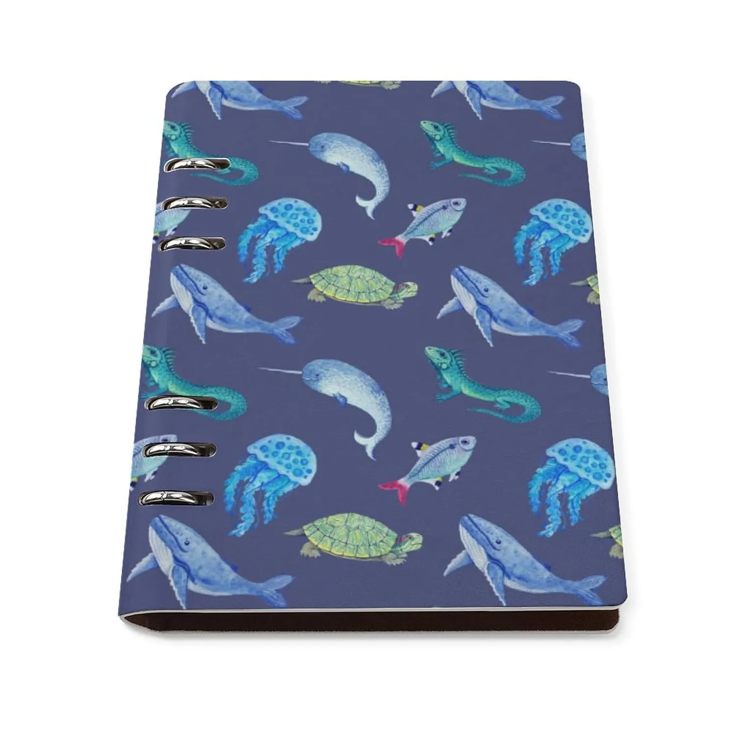 GemGam Notebook Hardcover Spiral A5 Blue Fish 6 Ring Binder Refillable 90 Pages Watercolor Animals PU Leather Waterproof Ruled for Journal Work Office Home Business Travel