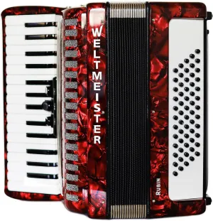 Generic New Weltmeister Rubin Piano Accordion made in Germany, 60 Bass buttons, Lightweight Accordian for Beginners, Straps and Case, Red Pearloid, Shipping from USA, Quality Musical Instrument