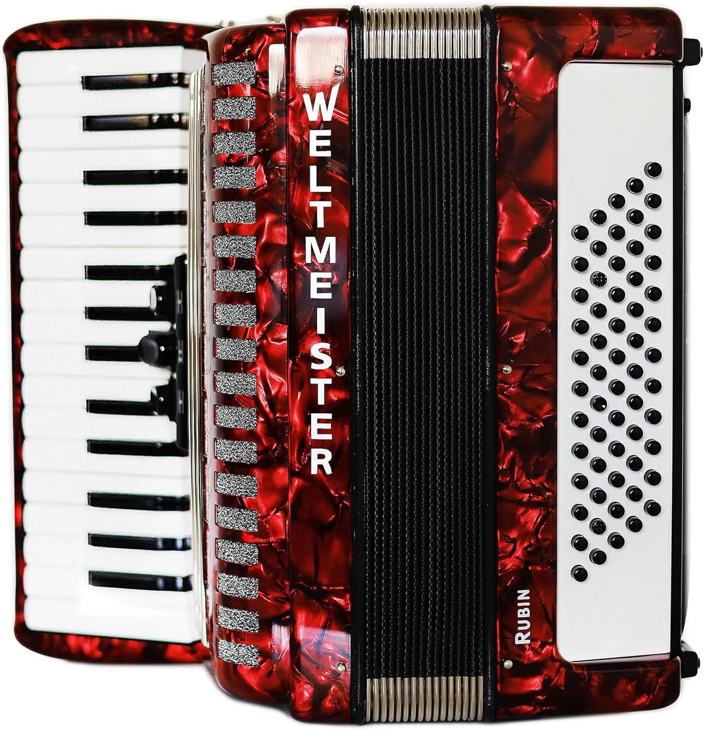 Generic New Weltmeister Rubin Piano Accordion made in Germany, 60 Bass buttons, Lightweight Accordian for Beginners, Straps and Case, Red Pearloid, Shipping from USA, Quality Musical Instrument
