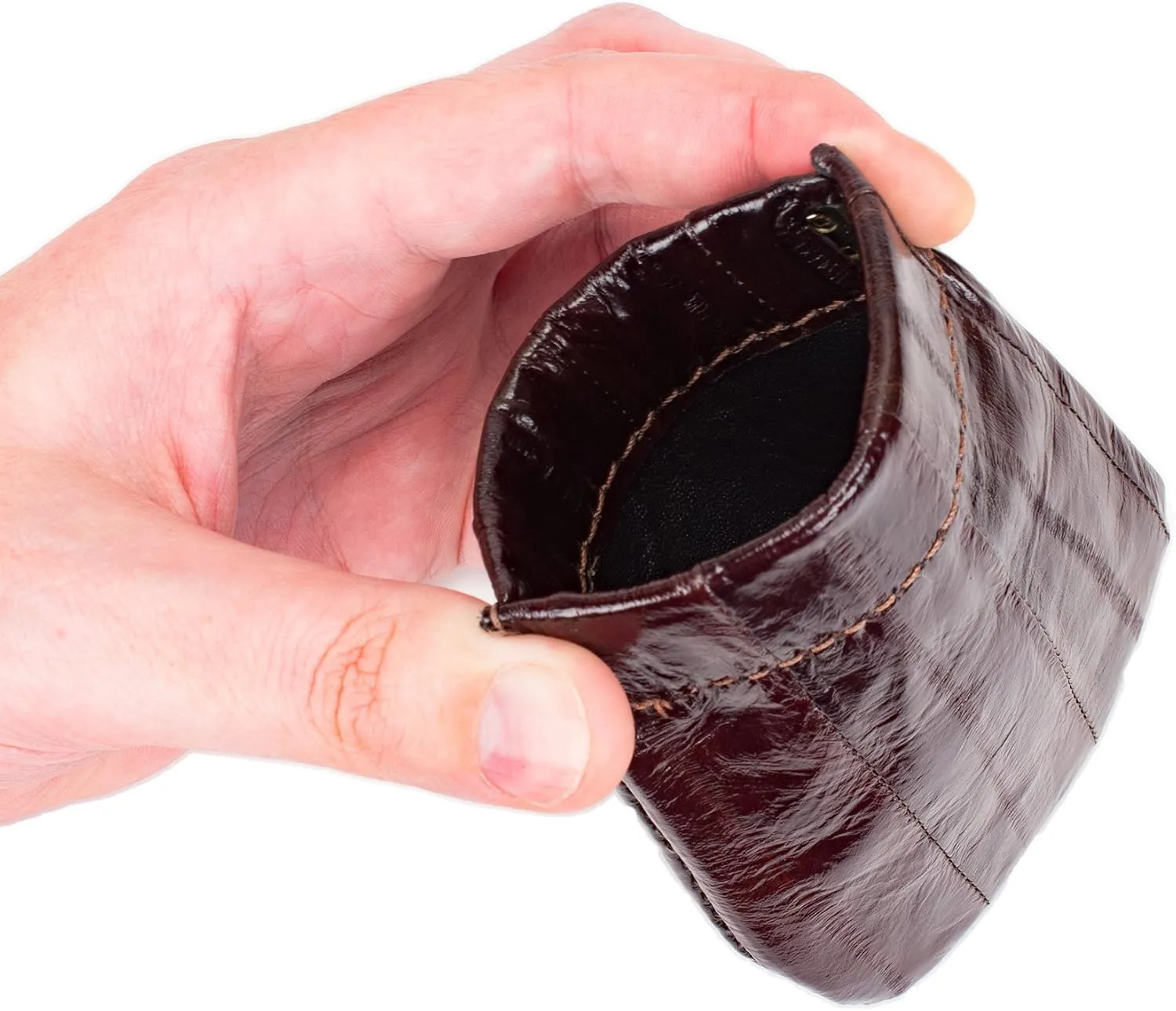 Genuine Eel Skin Leather Spring Loaded Coin Pouch