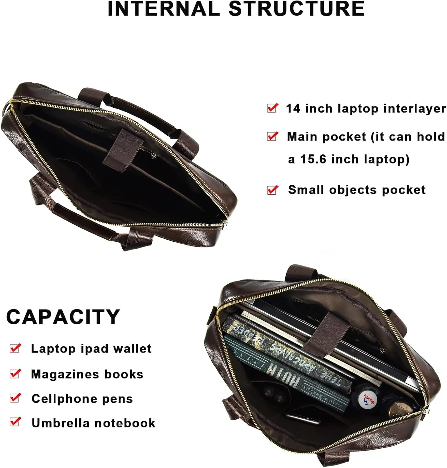 Genuine Leather Briefcase for Men, Laptop Computer Shoulder Bag With Strap, 15.6 Inch Business Travel Work Handbag