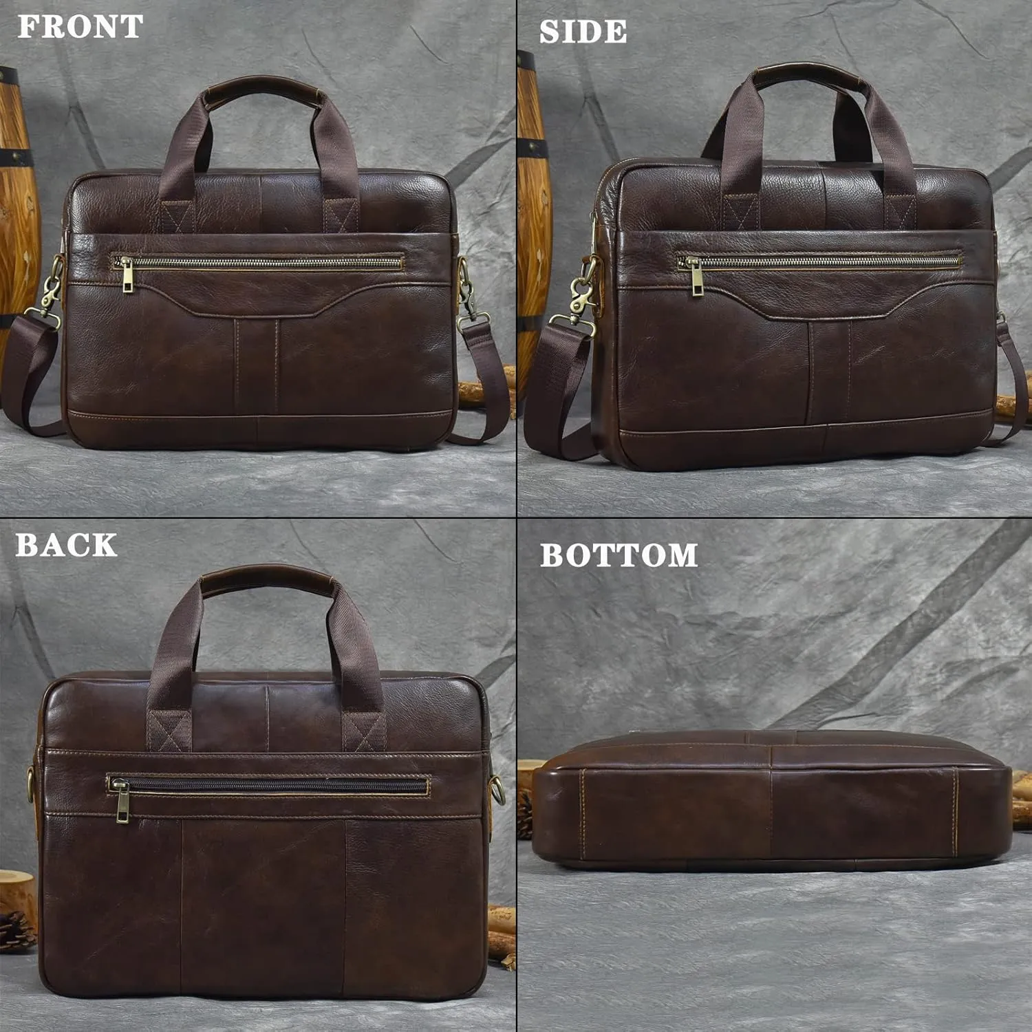 Genuine Leather Briefcase for Men, Laptop Computer Shoulder Bag With Strap, 15.6 Inch Business Travel Work Handbag