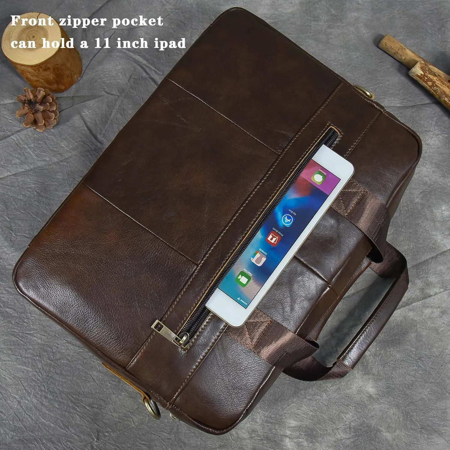 Genuine Leather Briefcase for Men, Laptop Computer Shoulder Bag With Strap, 15.6 Inch Business Travel Work Handbag