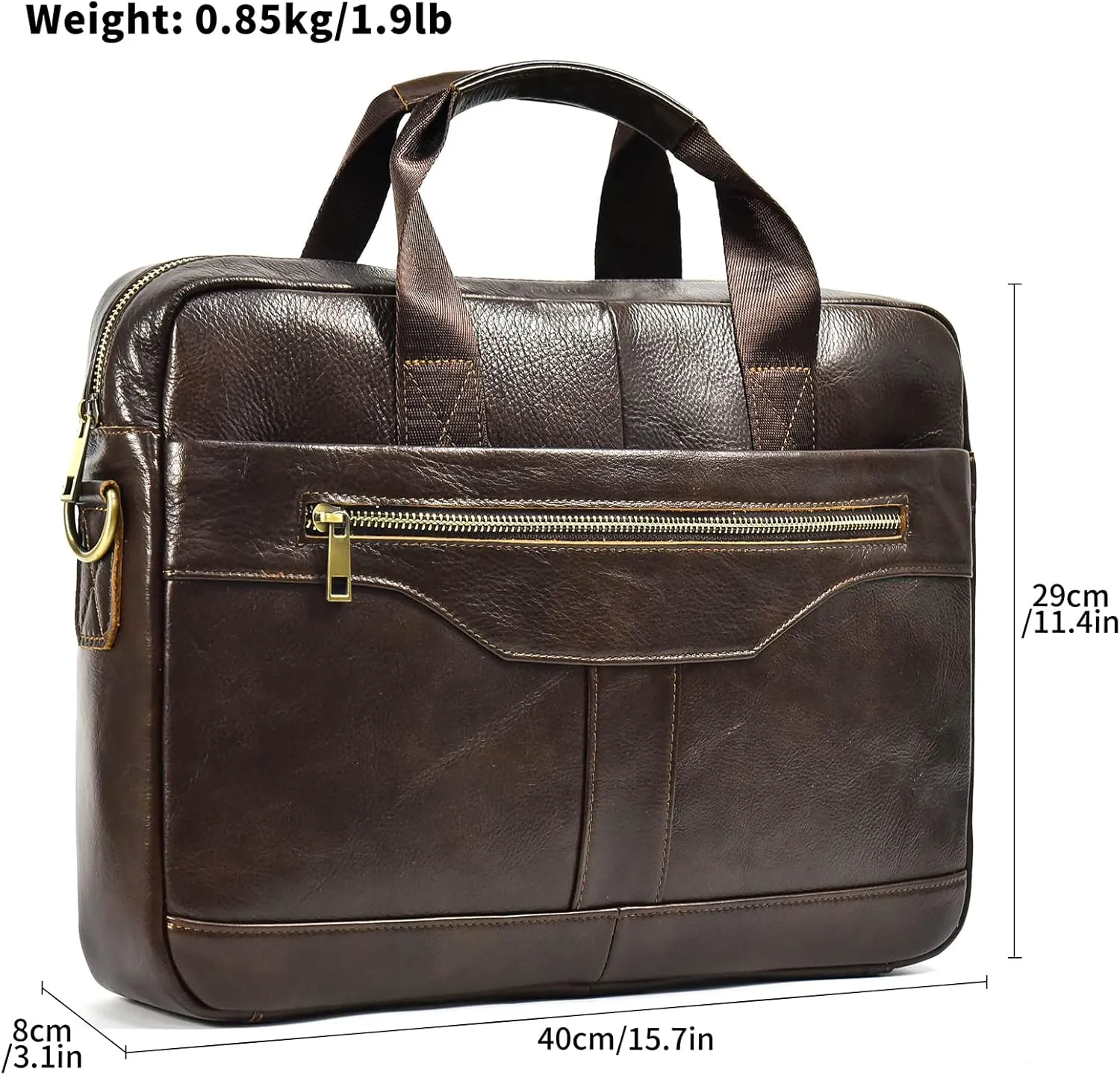 Genuine Leather Briefcase for Men, Laptop Computer Shoulder Bag With Strap, 15.6 Inch Business Travel Work Handbag