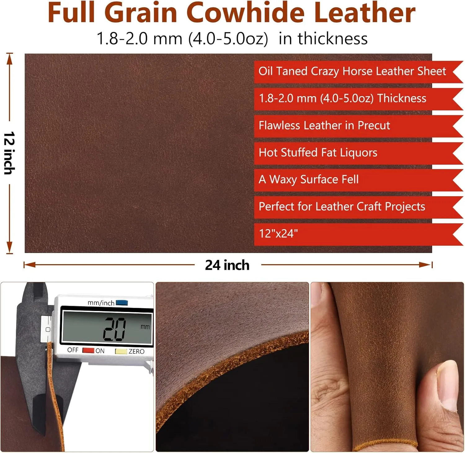 Genuine Leather Tooling Sheets 1.8-2.0MM Thick Genuine Top Full Grain Oil Tan Crazy Horse Cowhide Leather Sheets for Crafts Tooling Sewing Wallet Earring Hobby (Brown, 12"x24")