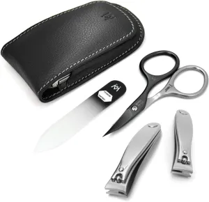 GERMANIKURE 4pc Manicure Set - Handmade in Solingen Germany, FINOX High Carbon Stainless Steel: Nail Clippers, SELF Sharpening Combination Scissors, Czech Glass Nail File in Leather Case