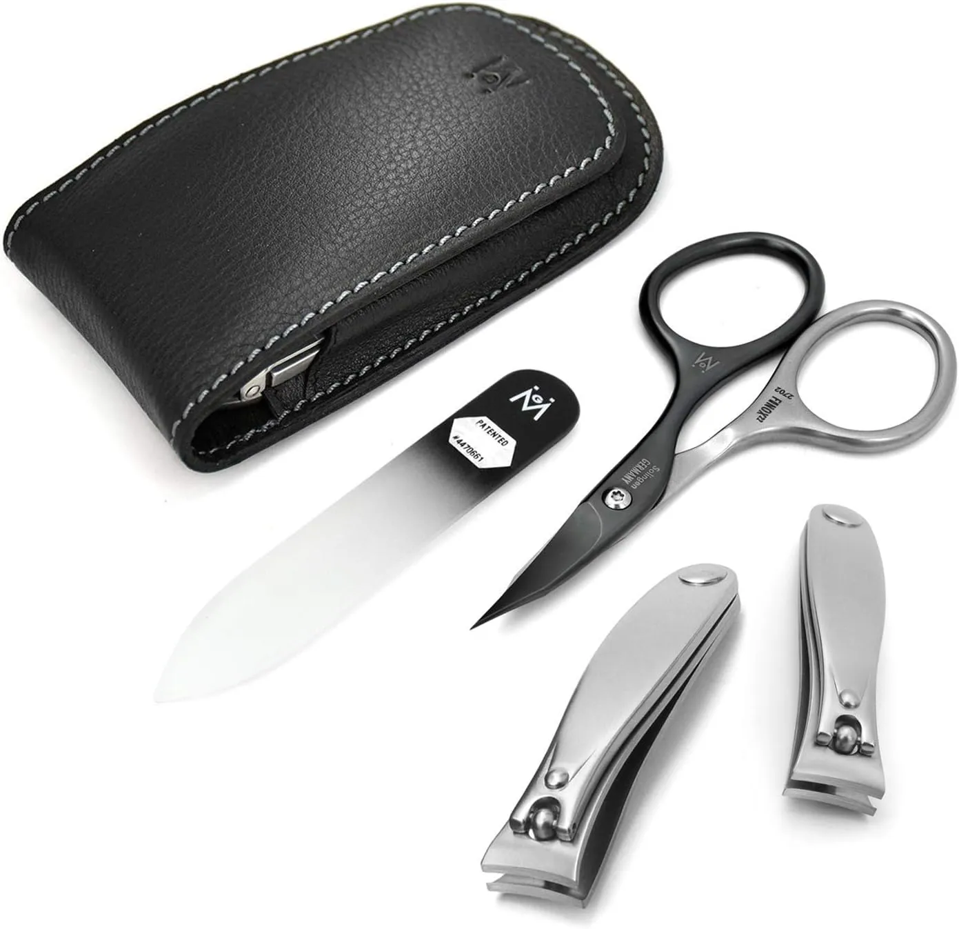 GERMANIKURE 4pc Manicure Set - Handmade in Solingen Germany, FINOX High Carbon Stainless Steel: Nail Clippers, SELF Sharpening Combination Scissors, Czech Glass Nail File in Leather Case