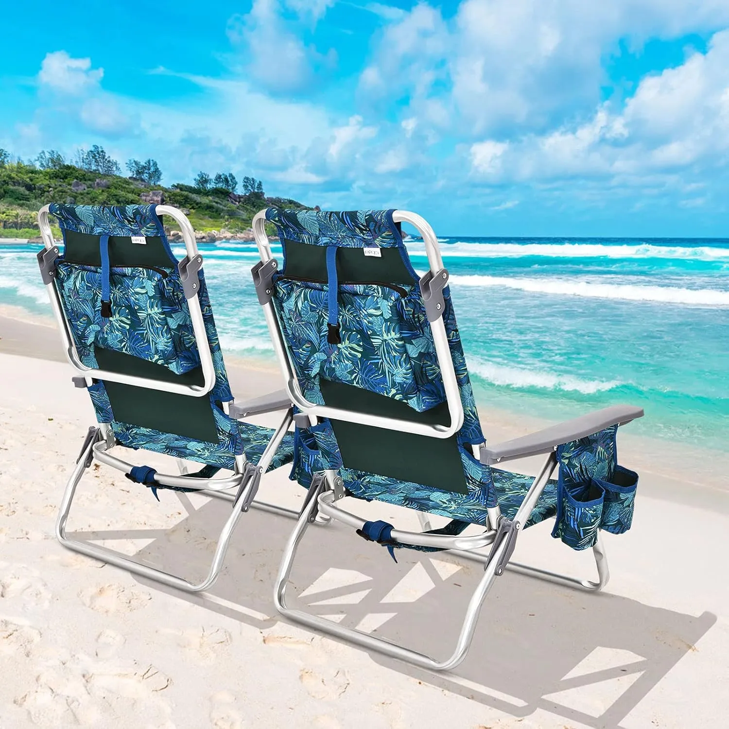 Giantex Folding Beach Chair, Patio Sling Chairs with 5 Adjustable Position, Head Pillow, Storage Bag, Towel Bar, Cup Holders, Backpack Chairs for Sunbathing, Camping Chair