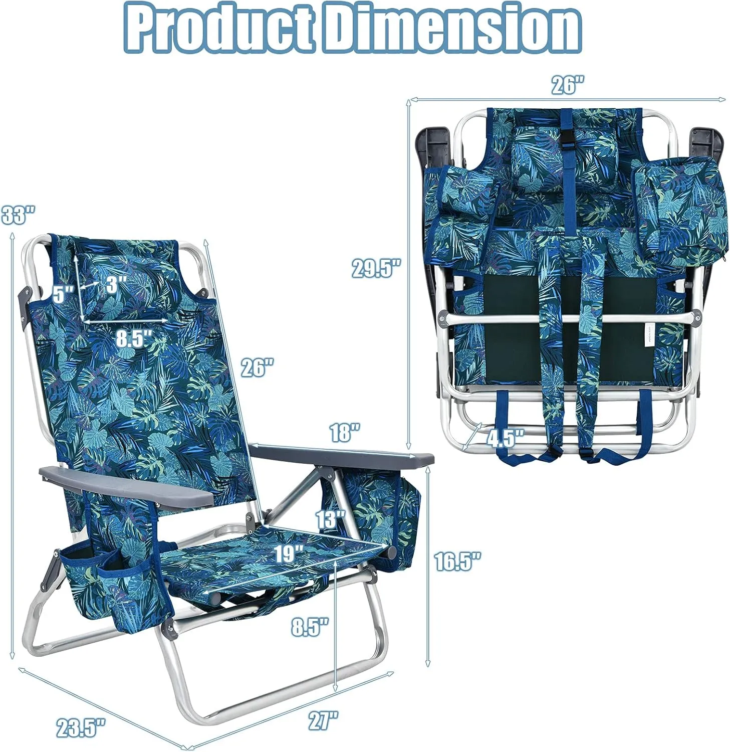 Giantex Folding Beach Chair, Patio Sling Chairs with 5 Adjustable Position, Head Pillow, Storage Bag, Towel Bar, Cup Holders, Backpack Chairs for Sunbathing, Camping Chair