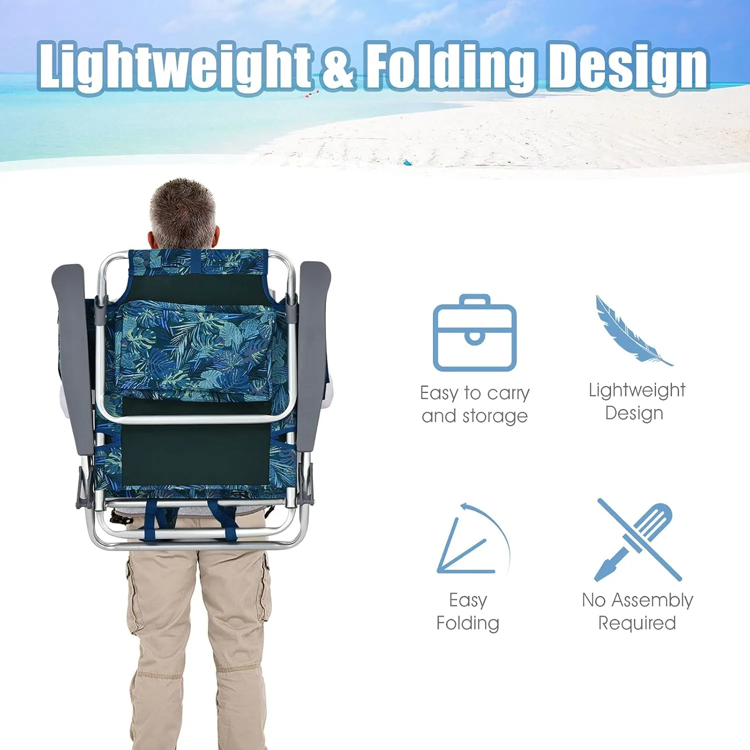 Giantex Folding Beach Chair, Patio Sling Chairs with 5 Adjustable Position, Head Pillow, Storage Bag, Towel Bar, Cup Holders, Backpack Chairs for Sunbathing, Camping Chair
