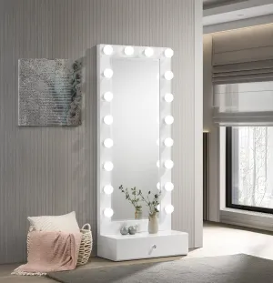 Glam Tall Lighted Vanity Mirror for Elegant Spaces, Beveled Design with Crystal Knob, Glossy White Finish, for Daily Beauty Routine